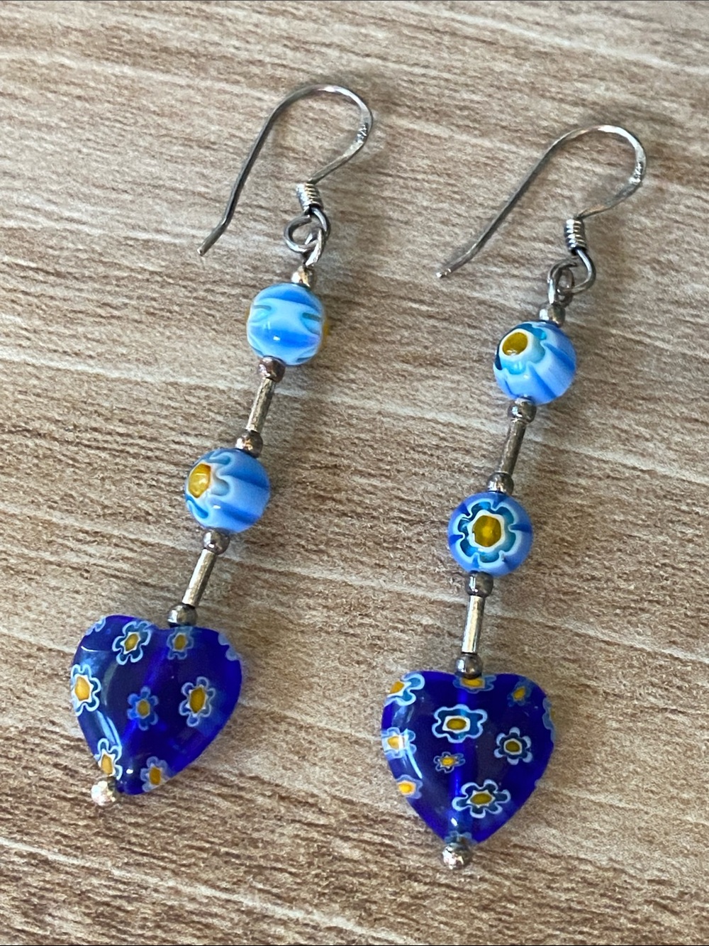 Vintage Blue Floral Glass Heart Drop Earrings 925 Silver Accents